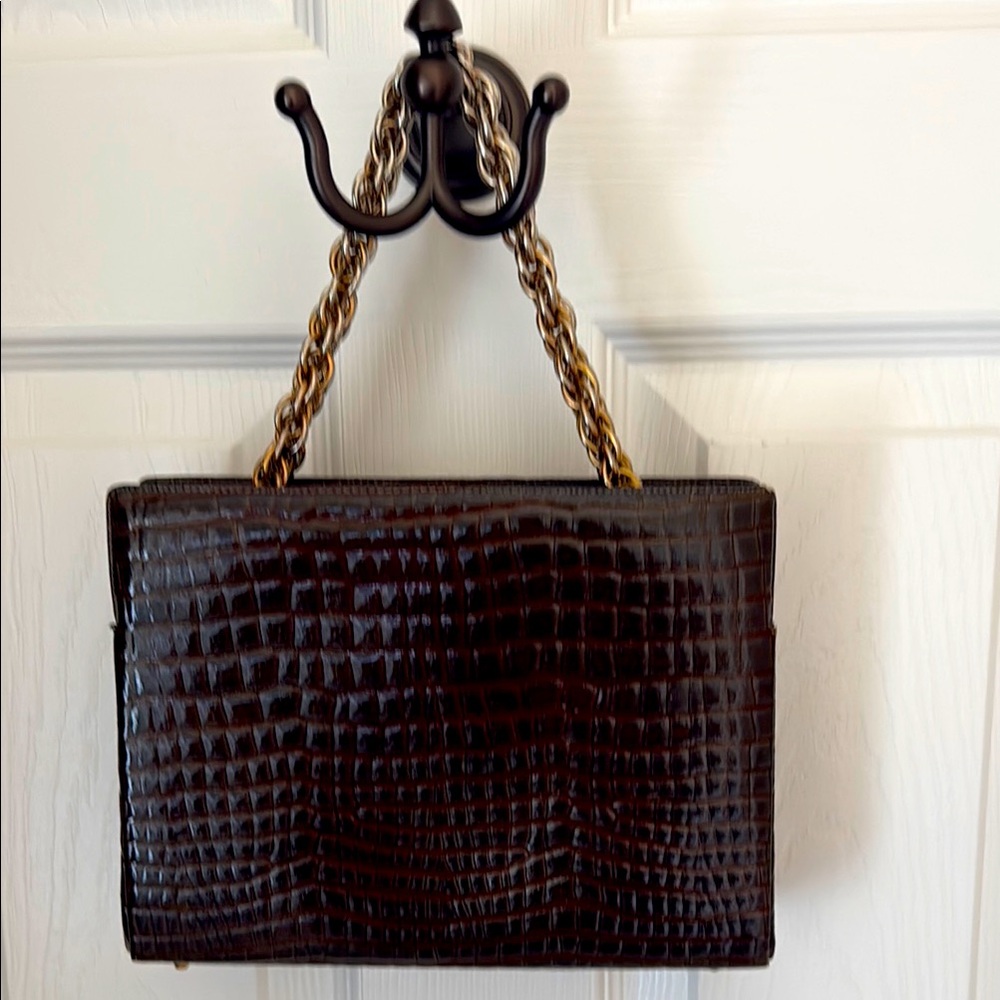 Koret Gray/Brown Patent Leather Embossed Pocketbook with Chain Strap